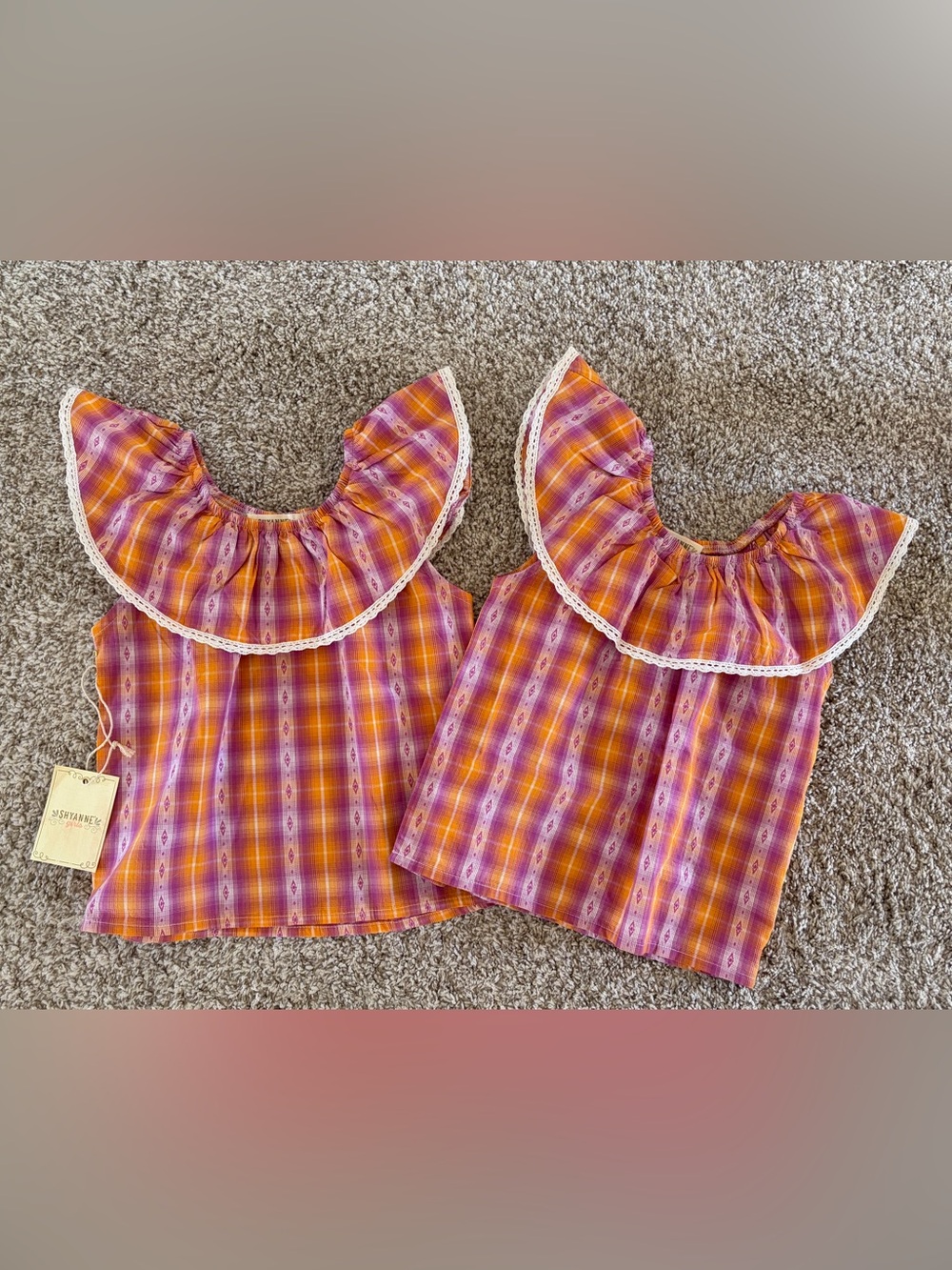 Twin Shyanne Pink & Orange Plaid Ruffle Neck Girls Top